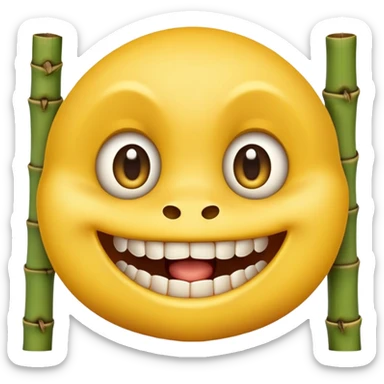 classic yellow emoji face with large eyes biting firmly on bamboo muzzle, teeth visible sticker
