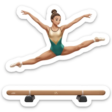 An acrobat performing a dynamic move on the balance beam, rings, or parallel bars, showcasing strength and precision. The acrobat is in mid-action, gracefully balanced, with a focused expression. The background features a professional gymnastics gym with bright lights and a cheering crowd sticker