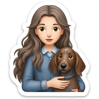 A long-haired girl holding a gray Plott hound sticker