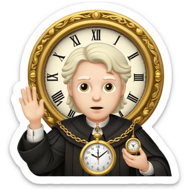 a 1600s judge with a hurried expression holding a clock that ticks VERY FAST  sticker