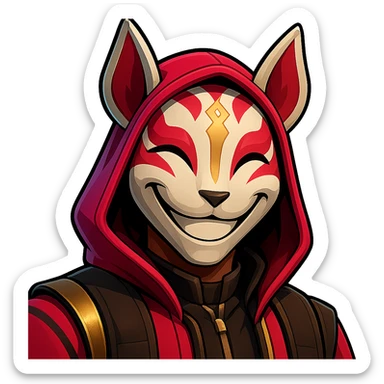 Make the Fortnite Drift skin look happy with a smiling fox mask and bright, happy eyes, keeping the stylized look, transparent background. sticker