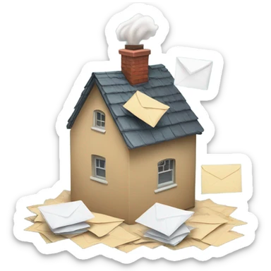 A house with envelopes blowing out the chimney and a package on the ground  sticker