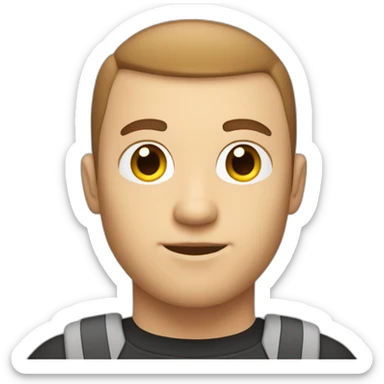 software engineer that is white male, with brown buzz cut hair, with white gold earrings, in front of laptop, apple-style sticker