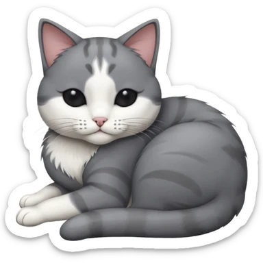 dark grey and white small cat with eyes closed, leaning his head on his paw while leaning on his elbow lying down sticker