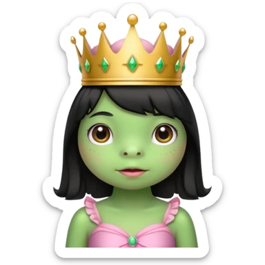 frog with black hair and short bangs with a crown pink bow and pink princess dress sticker