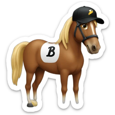 Horse with black baseball cap on with bet right logo sticker