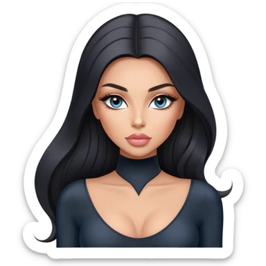 Glamours, tanned, very beautiful girl, with big pump peach-beige-rose lips, long long lashes, black straight smooth silky long hair, straight parting hair, blue-grey eyes in black long-sleeves bodysuit sticker