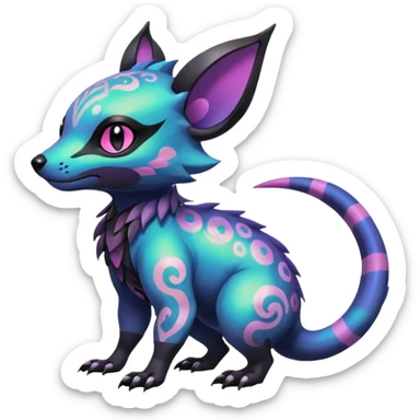 Rare neon iridescent white exotic cute epic aesthetic gothic colorful Salandit-Eevee-Civet-species-Fakemon-hybrid-creature, with intricate tattoo markings, full body sticker