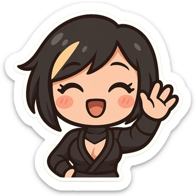Super cute kawaii chibi style sexy ninja girl with black short hair and a blonde streak, only head and arms visible, big sparkling eyes, round face, soft colors, playful charm, bold outlines, transparent background, no mask, hand fully raised, waving, eyes closed in a happy expression, sized for Twitch emoji use. sticker