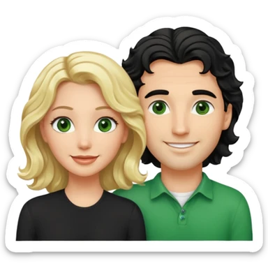 esposos, mujer rubia  y pelo semi tomado ondulado, hombre de pelo negro con un mechon blanco ondulado, atractivo de ojos verdes sticker