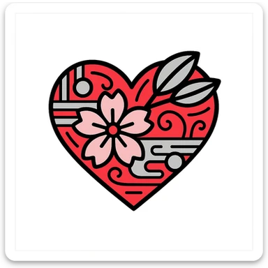 Make the silver accents and details extremely prominent and abundant on the heart with sakura, color outline icon style, no background. sticker