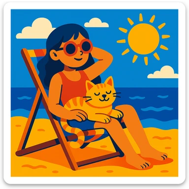 girl sitting in a beach chair with her cat, sunny summer day, vibrant toon style sticker