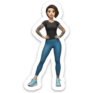 Short brunette, leggings, blue walking shoes, tattoo sleeve sticker