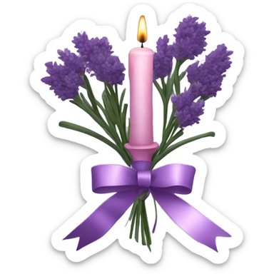 a beautiful aesthetic bouquet of dark purple and light pink lavender tied with a silk purple ribbon and next to it a pink decorative candle  sticker