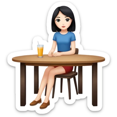 White girl full body sitting at table with black hair sticker