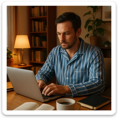 man in striped pajamas, focused on laptop, home office vibe, cozy and productive setting sticker