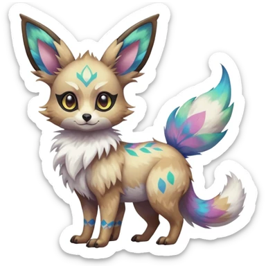 Rare iridescent white exotic epic aesthetic colorful Trico-Eevee-Genet-species-Fakemon-hybrid-creature, with intricate tattoo markings, full body sticker