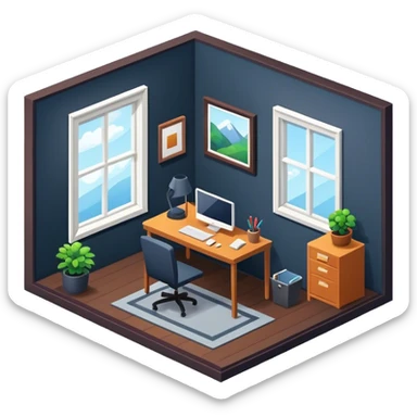 An isometric 3D room with two walls that meet at the back left and right and a Window. Dark Colors. Home Office sticker