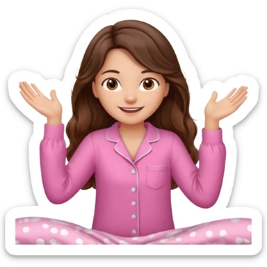 Brunette girl with long wavy brown hair with brown eyes and slapping on a withe bed with cute pink pjs sticker