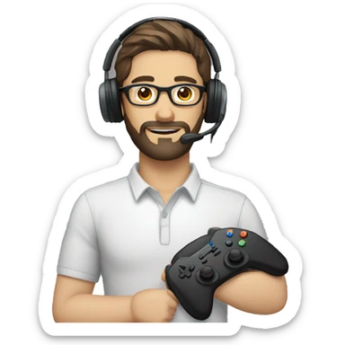 white male with dark brown beard and hair, glasses, and gaming headset sticker
