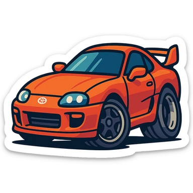 Toyota Supra MK4 three-quarter angle, playful energetic cartoon style, exaggerated wheels, sporty details sticker