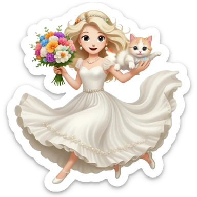 White woman - long hair - white wedding dress - holding a kitten - happy - jumping - fashionable - elegant - bouquet - dreamy - colorful - pearl accessories sticker