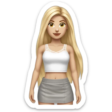 hyperrealistic caucasian female, long straight blonde hair, white lace up crop top, grey mini skirt, body view sticker