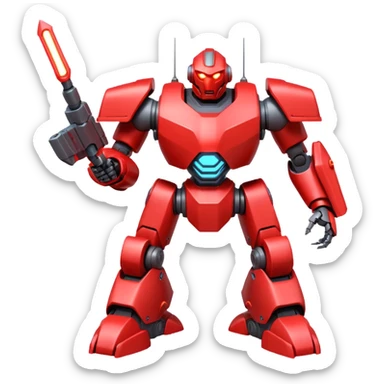 powerful battle robot, bulky armor, sharp edges, glowing red lights, large shoulder cannons, intimidating pose, 3D cartoon, mobile game icon style, clean background, no text, no watermark
 sticker