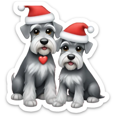 2 miniature schnauzers, 1 grey and 1 black, wearing Christmas hats with a heart above them sticker