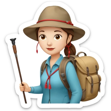 Middle aged women, long brown ponytail with wide brim hiking hat. With backpack and trekking poles. Backpack has a scallop shell with the cross of saint james hanging from it.  Remove the cross and add a scallop shell on a red string hanging from the backpack  sticker