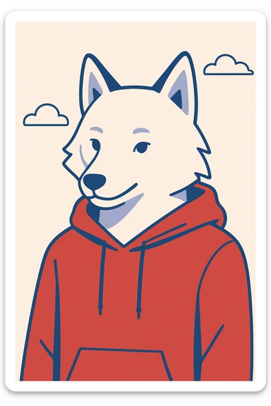 white wolf wearing a red hoodie, clean background, modern illustration sticker