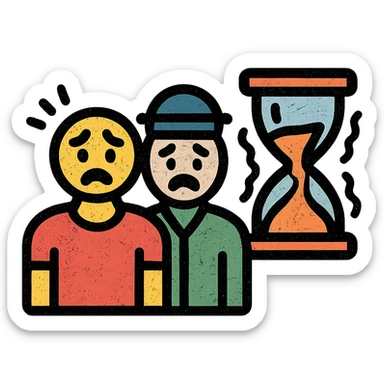 ultra-minimalist icon of two simple figures representing player and GM side by side, trembling clock or hourglass, extremely worn and eroded texture, anxious and stressed expressions, sense of terror sticker