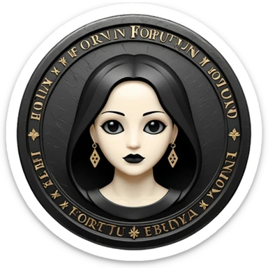 Emoji style, luxury gothic coin made of blackened metal, “FORTUNA” engraved in refined fashion typography, heavy sculptural form, subtle worn metal texture, avant-garde editorial aesthetic, no glow, no neon, flat emoji design, centered, transparent background sticker