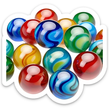 "A close-up view of colorful glass marbles with intricate swirling patterns inside. The marbles are scattered on a smooth surface, reflecting light beautifully. Some are transparent, while others have vibrant colors like blue, green, and red. The scene has a soft, natural lighting that enhances the glossy texture of the marbles sticker