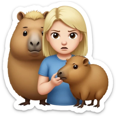 A blond girl who is angry and chubby with her pet capybara  sticker