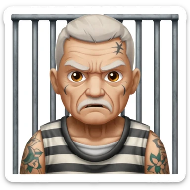angry tattooed old male prisoner with prison cell bg sticker