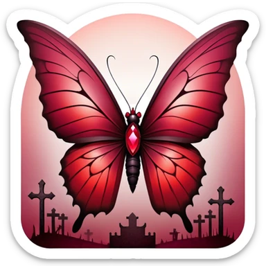 A breathtaking Gothic butterfly with wings adorned in a mesmerizing gradient of ruby, scarlet, burgundy, Venetian, and rustic red takes flight in the foreground. Behind it, dark and weathered crosses stand shrouded in crimson mist, creating a haunting yet beautiful contrast. sticker
