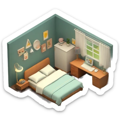 isometric-3d-cute-small-bedroom-mid-century modern-interior sticker