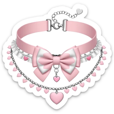 Pastel-baby-rose-pink Lolita-styled aesthetic cute kawaii choker-collar-necklace adorned with with white frills, roses, hearts, bow tie, silver chains, sakura, apparel separated  sticker