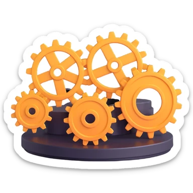3D style icon of computer settings, showing a desktop computer with two large cogs in front, realistic lighting and shadows sticker