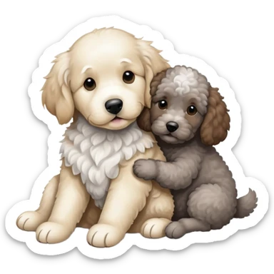 White Golden retriever hugging a grey, brown and white poodle sticker