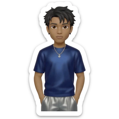 Drake with dark brown eyes, black short hair, navy blue metallic t-shirt, gray metallic baggy pants, silver necklace sticker