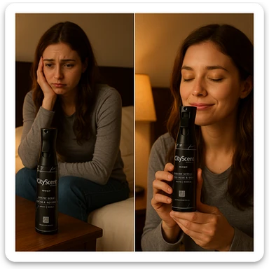 Add the CityScent fabric scent fragrance oil product clearly visible on a table inside the bedroom next to the girl. The scene is realistic, showing a girl in a bedroom looking sad, then smelling the scent with her mood changing to relaxed. Focus on making the product distinct and the mood transition evident. sticker