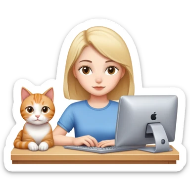A girl is working in front of a computer, and a cat is lying next to the computer sticker