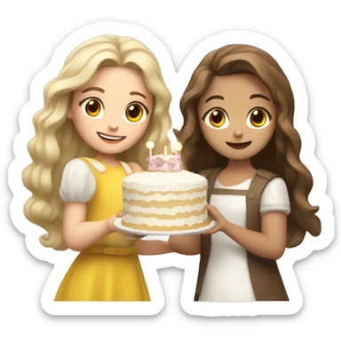 girl with blond wavy hair and Russian girl with brown straight hair together holding big white cake sticker