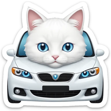 Please create a small emoji the size of 🚗 featuring a pure white cat with blue eyes on a white car. sticker