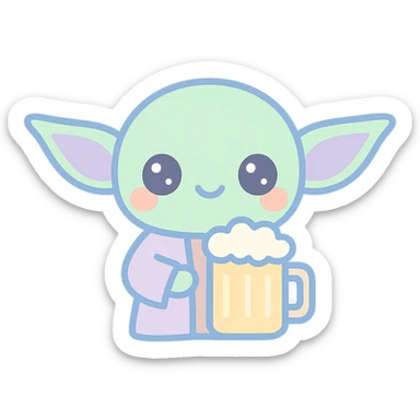 Yoda cartoon drinking a beer mug, kawaii style sticker
