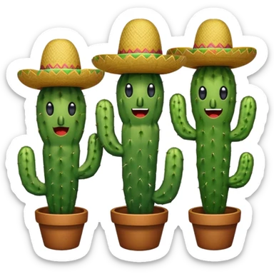 three cartoon cactuses together, each with different facial expression: cheeky, happy, surprised, each wearing traditional Mexican hat, vibrant fun emoji style sticker