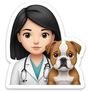 joven médico con el pelo un poco largo pero no tanto y lacio, que tenga un estetoscopio de color de piel tez negra calida !!! que sostiene un bulldog francés blanco y negro  sticker