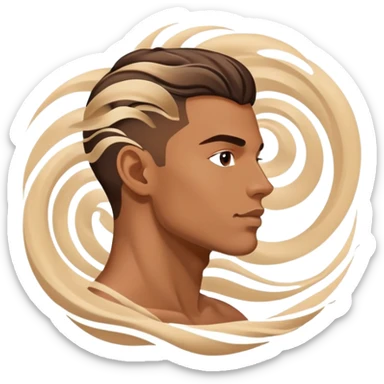 Male profile surrounded by floating fashion elements and energy waves, creative style essence, masculine vibe sticker